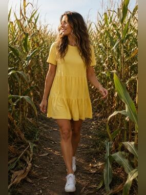 Only Yellow Tiered Short Sleeve dress